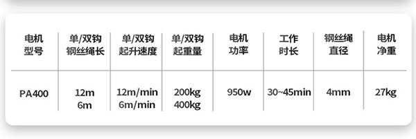 PA400微型電動葫蘆技術參數